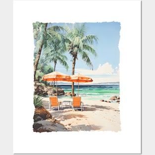 Palm Trees Tropical Beach Umbrella Seascape Posters and Art